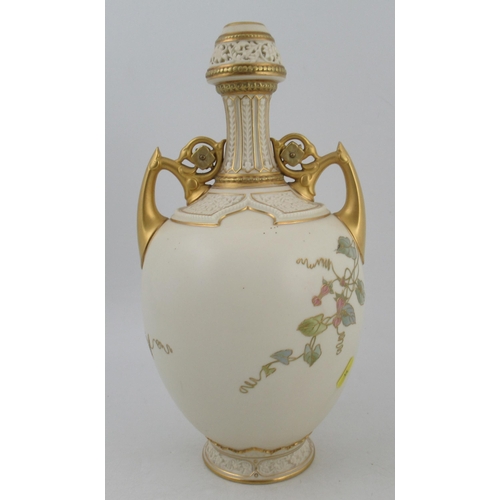 308 - A Royal Worcester gilded ivory vase, decorated with foliage with gilt handles and pierced neck, shap... 