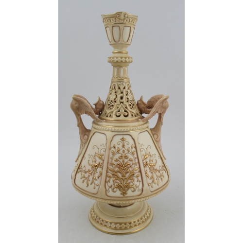 312 - A Royal Worcester Persian style gilded ivory vase, with pierced neck and fledgling bird handles, sha... 