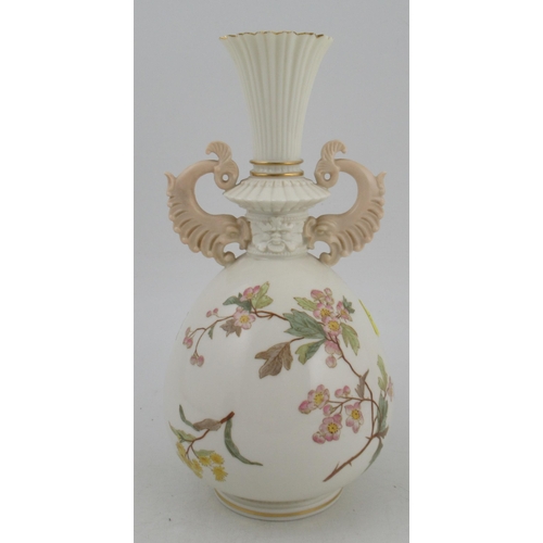 315 - A Royal Worcester vase, decorated with flowers, with stylized dolphin handles, shape No 1327, height... 