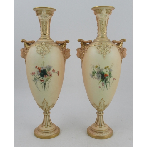 316 - A pair of Royal Worcester blushed ivory vase, decorated with thistles and having masked handles, sha... 