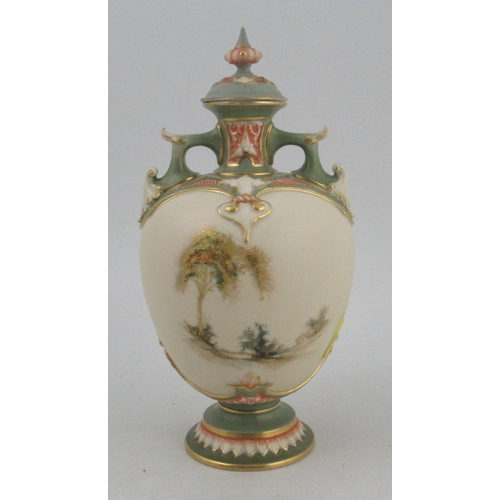 317 - A Royal Worcester globular covered vase, decorated with a landscape and water enhanced with gilt, sh... 