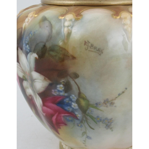 324 - A Royal Worcester vase, with associated restored cover, richly painted with flowers by Blake, shape ... 