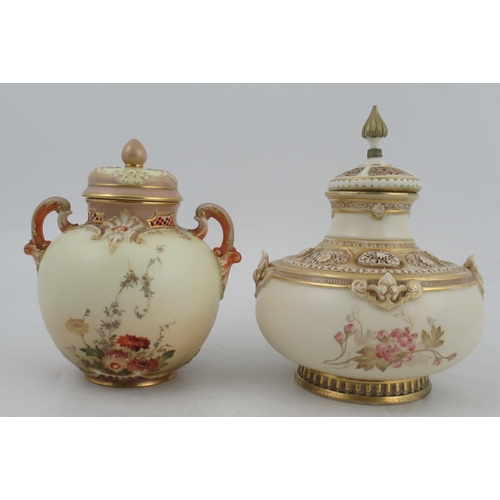 325 - Two Royal Worcester blushed ivory covered vases, decorated with flowers, one with associated cover, ... 