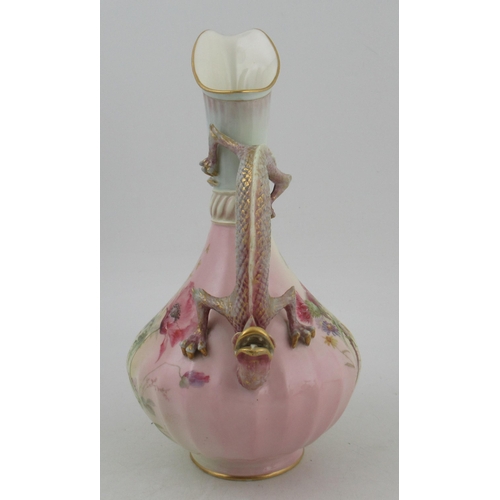 335 - A Royal Worcester blush ivory ewer, decorated with poppies and butterfly, monogramed Edward Raby, wi... 