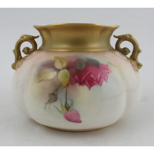 337 - A Royal Worcester quarter lobe shallow vase, decorated with roses by K H Blake, having scrolled hand... 