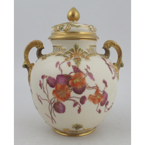 340 - A Royal Worcester spherical glided ivory two handled covered vase, with pierced neck and decorated w... 