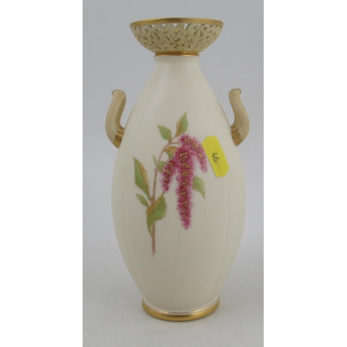 341 - A Royal Worcester gilded ivory vase, having two handles, with pierced neck, decorated with flowers i... 