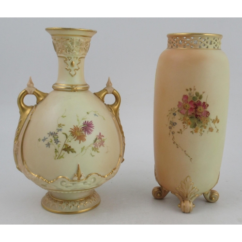 343 - A Royal Worcester blushed ivory vase, decorated with flowers, with gilt handles, height 9ins, togeth... 