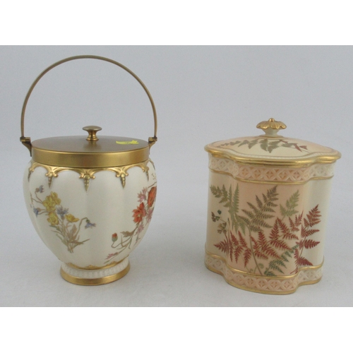 345 - A Royal Worcester blush ivory quarter lobbed covered biscuit jar, decorated with ferns, height 7.5in... 