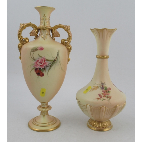 347 - A Royal Worcester blush ivory vase, decorated with flowers by Hale, with ornate gilt handles, shape ... 