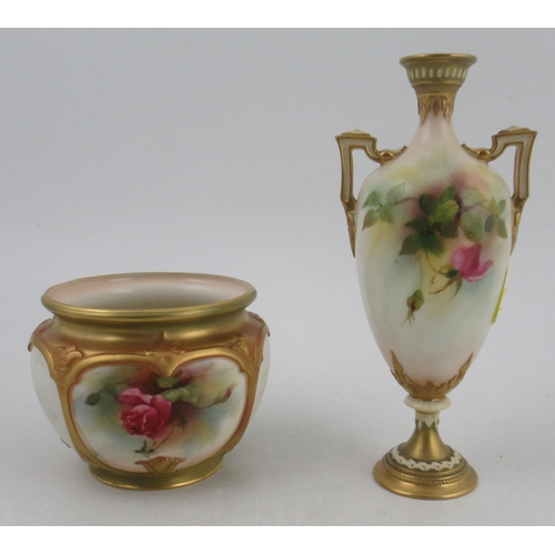 348 - A Royal Worcester vase, decorated with roses by Flexman, shape No H247, height 7ins, together with a... 