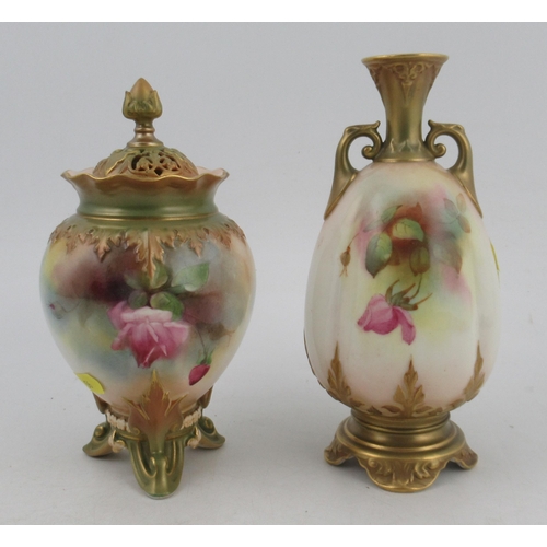 351 - A Royal Worcester quarter lobbed vase, decorated with roses, shape No H263, height 7.5ins, together ... 