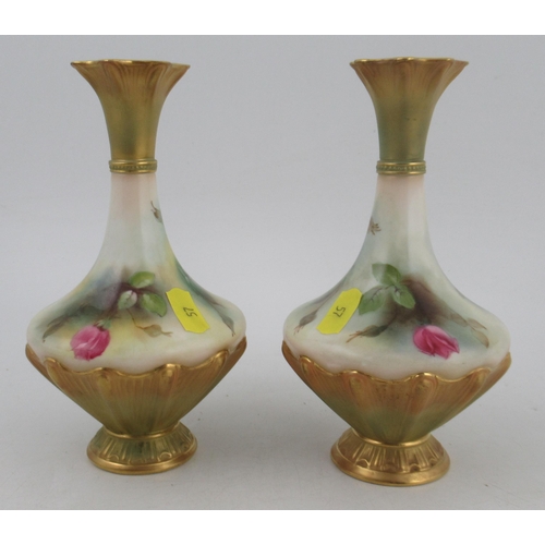 352 - A pair of Royal Worcester vases, decorated with roses, to gilt lower body and neck, shape No 1538, h... 