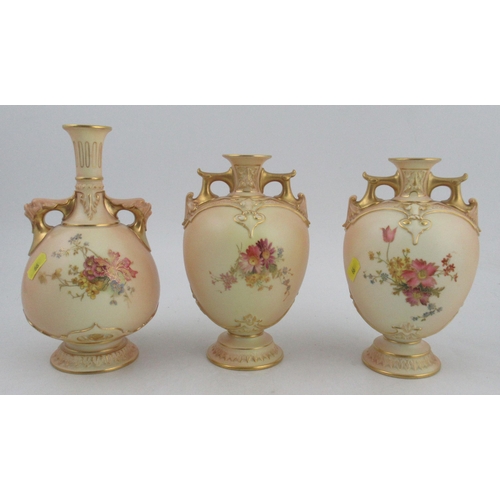 361 - A pair of blush ivory vases, decorated with flowers, shape No 1654, height 8ins, together with a Roy... 