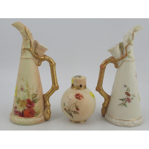 373 - Two similar Royal Worcester bamboo handled gilt and blush ivory jugs, shape No 1333, height 9.25ins,... 