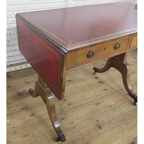 8 - A 19th century walnut cross banded sofa table, with tooled leather inlaid top, with dummy and real d... 