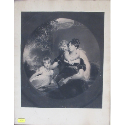 84 - An Antique black and white print, portrait of a mother and two children, in a birds of maple frame, ... 