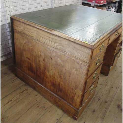 9 - An Antique elm writing desk, with tooled leather top and drop flap, fitted to the front, with one fr... 