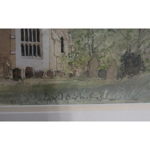 93 - David Birtwhistle, watercolour, Kempsey Church, 10.5ins x 14.5ins, together with a print of churches