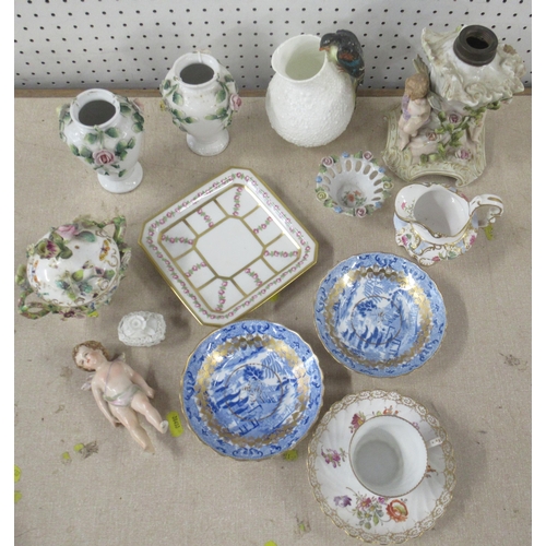 101 - A collection of porcelain, to include an oil lamp base, Dresden cup and saucer, vases etc