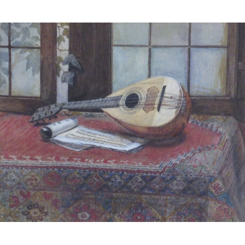 125 - E Sherrard Kennedy, two watercolours, Gas Light Study in Still life and a Mandolin with music on a t... 