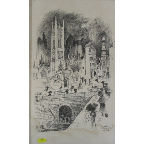 128 - William Bill Papas, two ink drawings, Central Library Manchester and Manchester Cathedral on a Rainy... 