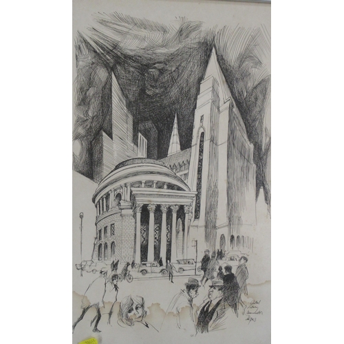 128 - William Bill Papas, two ink drawings, Central Library Manchester and Manchester Cathedral on a Rainy... 