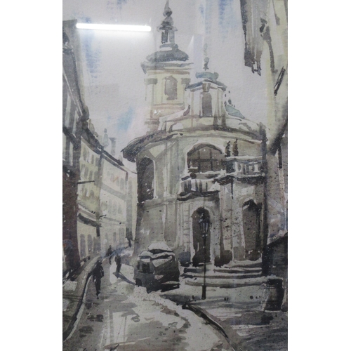 130 - Verdimir?, watercolour, street scene with building, 10ins x 6.5ins