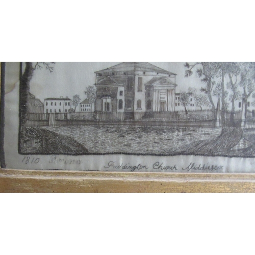 139 - A 19th century tapestry picture, Paddington Church Middlesex, 1810, 4.5ins x 7ins, together with a 1... 