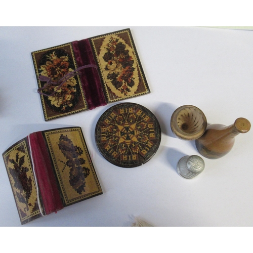 181 - Two 19th century Tunbridge ware needle cases, of rectangular form, together with a circular one with... 