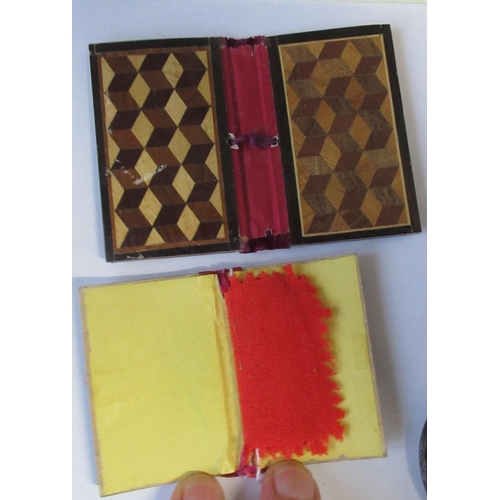 181 - Two 19th century Tunbridge ware needle cases, of rectangular form, together with a circular one with... 