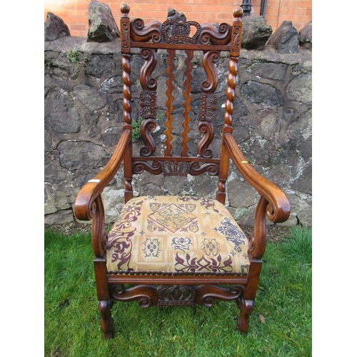 2 - An  antique elm open arm chair the pierced back decorated with craved crowns the back stamped, 