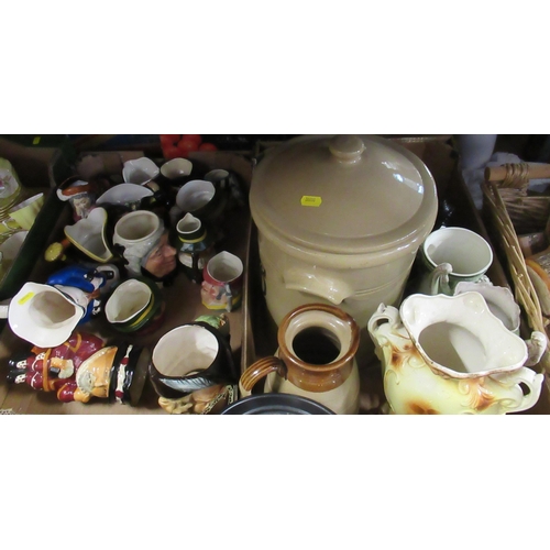 235 - Two boxes of china to include character jugs, flagon, vases etc