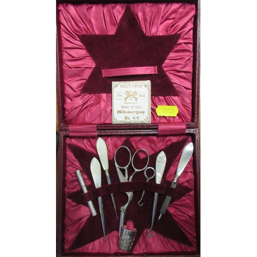 285 - Five 19th century cased sewing sets, some with mother of pearl handled tools