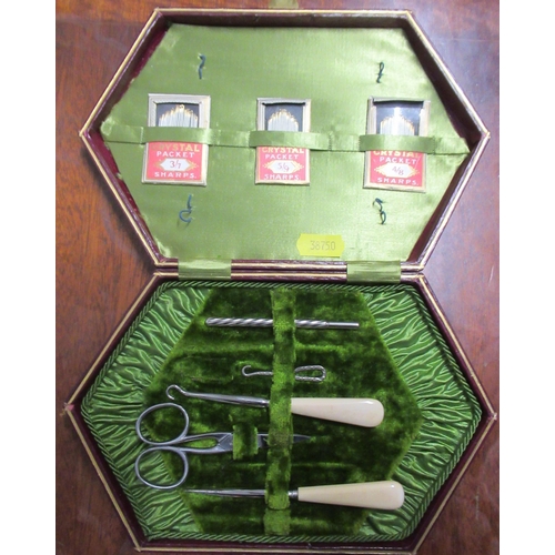 285 - Five 19th century cased sewing sets, some with mother of pearl handled tools