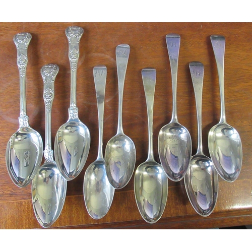 294 - A set of four Georgian silver serving spoons, engraved with an initial, together with two other Geor... 