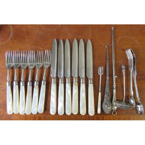 296 - A set of six mother of pearl dessert knives and forks, with silver blades, together with other silve... 