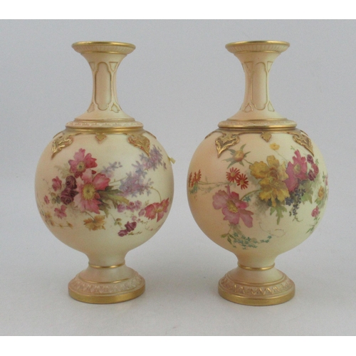 304A - Two Royal Worcester spherical vases, decorated with flowers to a blush ivory ground, shape No 1831, ... 