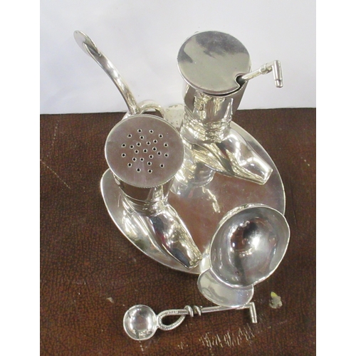 327 - A Victorian silver plated cruet, formed as two hunting boots