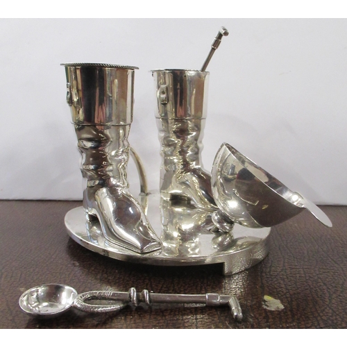 327 - A Victorian silver plated cruet, formed as two hunting boots