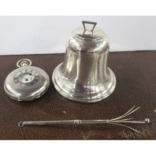 328 - A silver bell inkwell, together with a pocket watch and swizzle stick