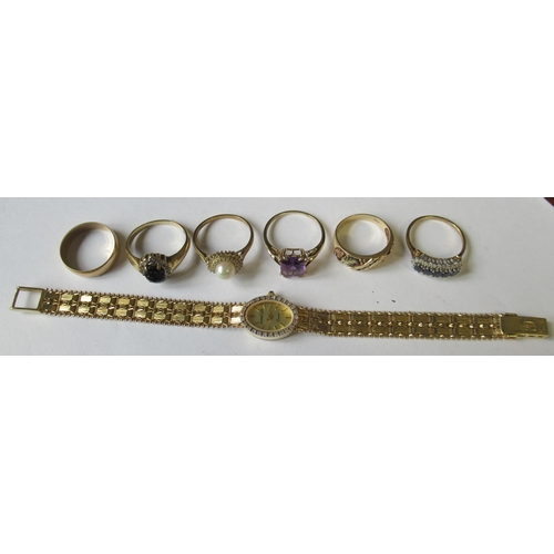 337 - Five gold gem set rings, marked 9K or 375, weight 16.8g, together with a wedding band, marked .375, ... 