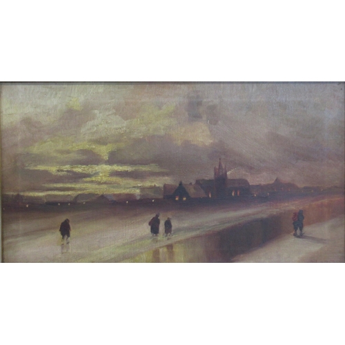 93 - May Aiken, oil on canvas, evening landscape with figures, 9.5ins x 17.5ins