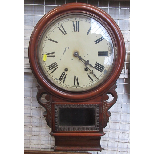 97 - A 19th century mahogany drop dial wall clock, with carved decoration, height 28ins