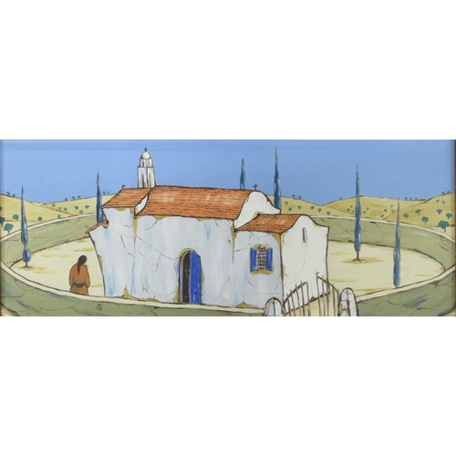 100 - A 20th century oil on board, European landscape with building, 13ins x 32.5ins