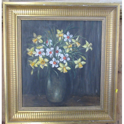 110 - An oil on canvas, still life of chrysanthemum in a vase, 24ins x 20ins, together with other oils and... 