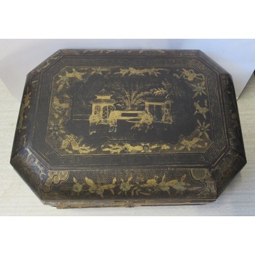 136 - A 19th century Chinese Export lacquer sewing box, of rectangular form with canted corners, decorated... 