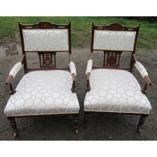 14 - A pair of Edwardian inlaid and upholstered open  armchairs