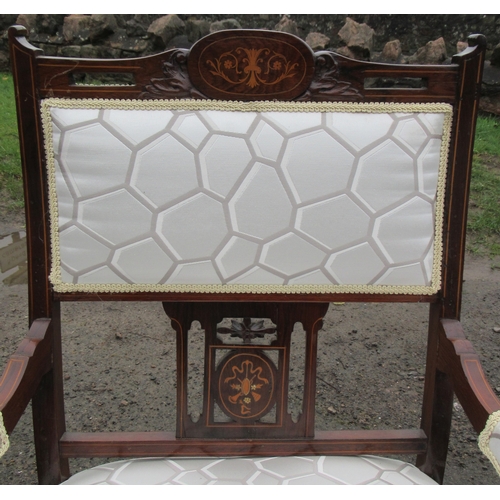 14 - A pair of Edwardian inlaid and upholstered open  armchairs