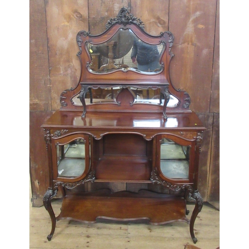 15 - An Edwardian mahogany mirror back cabinet, fitted with a shelf, over glazed cupboards and shelves, w... 